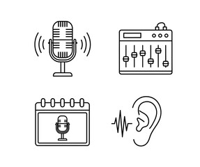 Line art icons depicting podcasting elements including microphone and sound mixer equipment setup