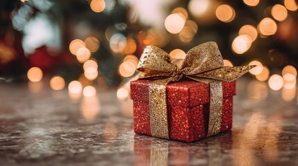 small red xmas present package with golden glitter bow on floor under merry christmas tree bokeh festive background giftbox as holiday shopping store sale happy new year eve season gift box concept n