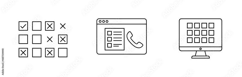 Fototapete three graphical icons representing a form a webpage and a computer screen in a row isolated