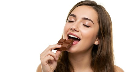 A young woman with closed eyes enjoys a bite of chocolate