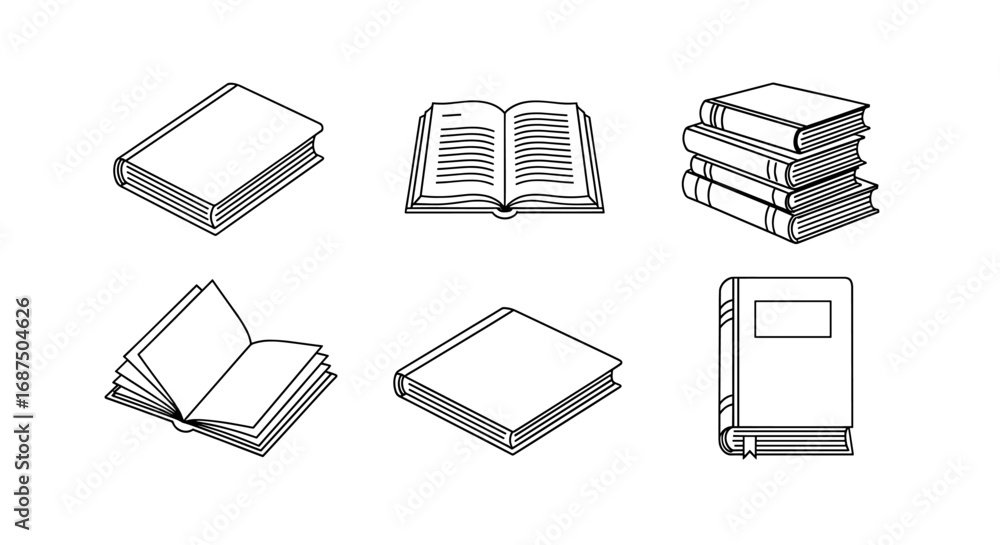 Poster an illustration showing six different books in various positions and orientations on a plain setting