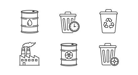 Six line art icons depicting waste management, industrial processes and environmental concerns shown here