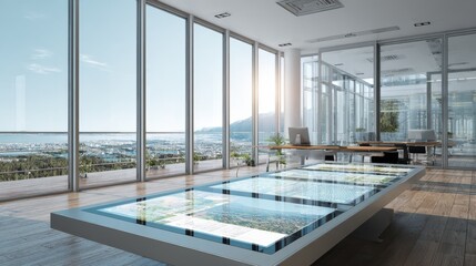 futuristic interactive touchscreen in modern real estate office with blank interface