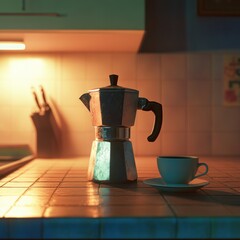 Retro kitchen still life with moka pot and cup in warm moody light