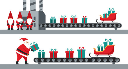 Christmas gift production line with Santa and gnomes assembling presents for the sleigh
