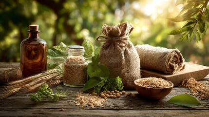 Ai generated image of still life of natural ingredients for cosmetics and spa treatments on a rustic wooden table in a sunlit garden setting