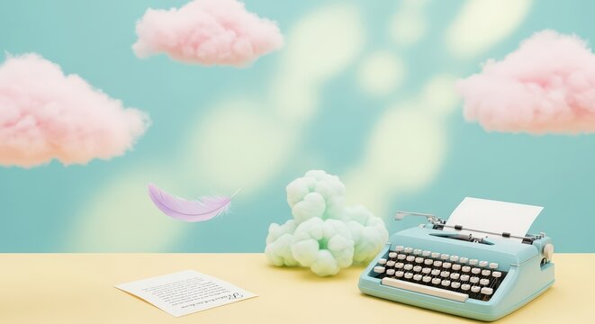 Blue pastel vintage typewriter on a yellow table with pink clouds and a feather floating in a dreamlike sky. Writing concept.