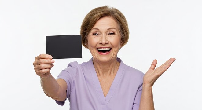 An older woman with short hair smiles holding a black rectangle with her other arm outstretched on a plain background