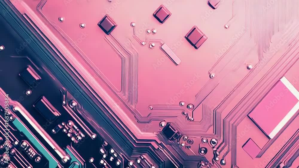 Poster pink circuit board showing electronic components and pathways