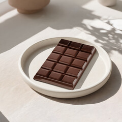 Dark Chocolate Bar on Ceramic Plate with Minimal Natural Light Setup