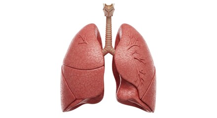 Anatomical rendering of human lungs and trachea on a white background