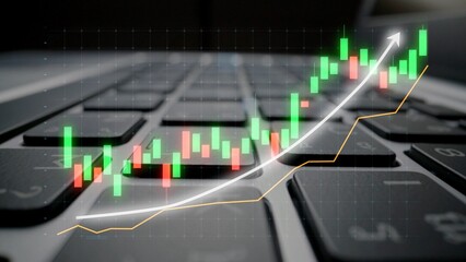 Detailed financial growth graph over a laptop keyboard, showcasing market trends and investment opportunities. Visual representation of data analysis in digital finance. Copula