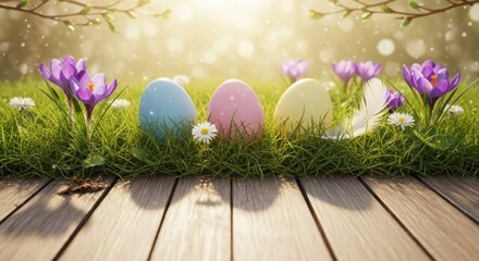 Spring easter eggs in green grass with purple crocus flowers and sunlight gentle bokeh on wooden planks