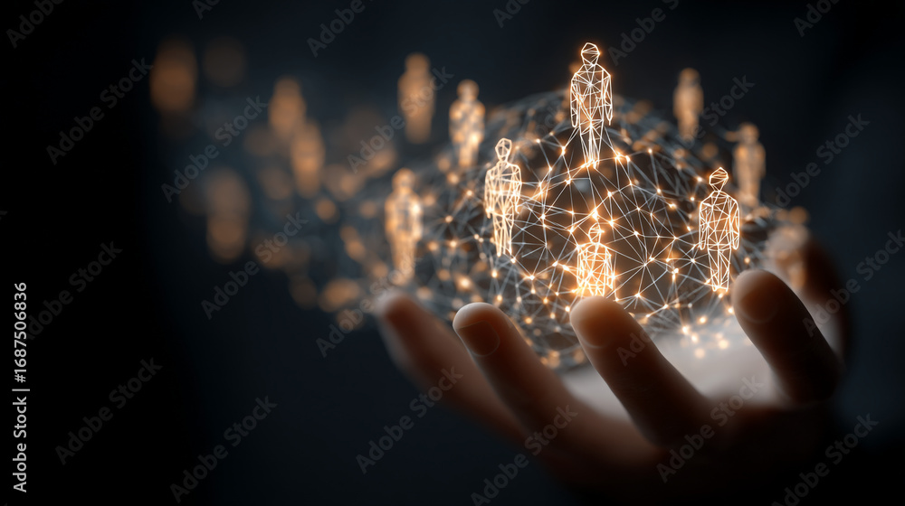 Poster a hand holding a network of interconnected people represented by glowing polygons on a dark backgrou