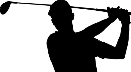 Obraz premium Silhouette of a male golfer in mid swing with a golf club. A dynamic pose representing the sport, leisure, and competition. Isolated on a white background for easy use.