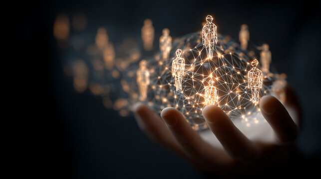 A hand holding a network of interconnected people represented by glowing polygons on a dark background