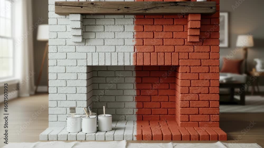 Poster side angle shot of partially limewashed brick fireplace showing progress with half the bricks covere