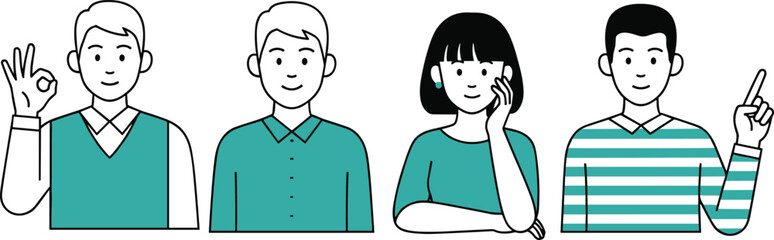 Cartoon characters in teal clothing, expressive hand gestures and poses, flat vector illustration, personality and communication concept, diverse character design set