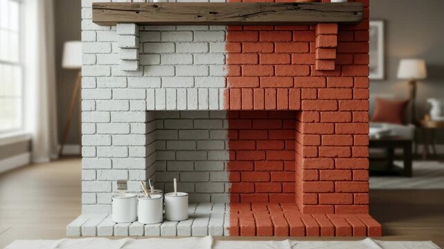 Side angle shot of partially limewashed brick fireplace showing progress with half the bricks covered in light lime finish half raw red.
