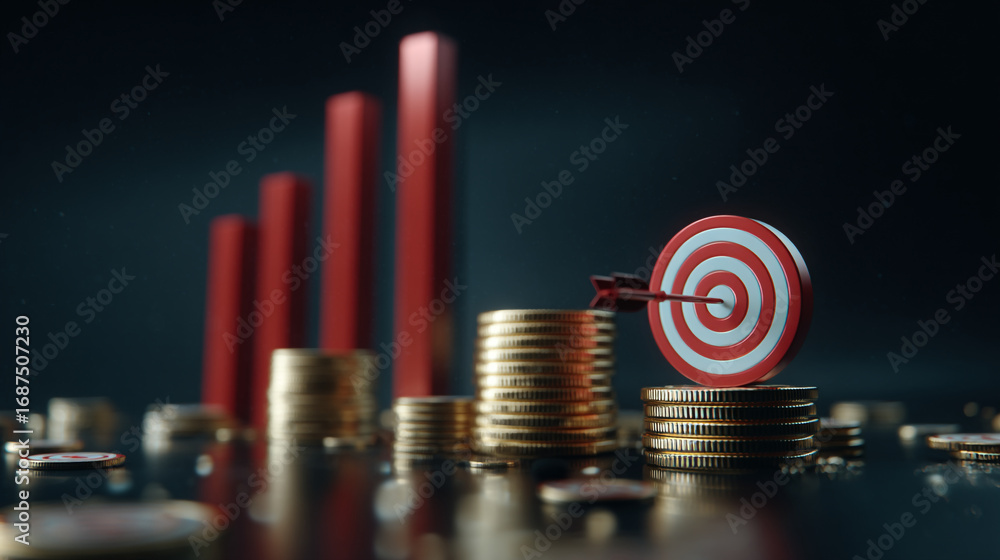Poster a close up of coins and a target with an arrow with a graph in the background on a table
