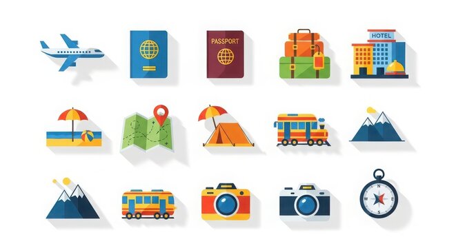 Global travel icons and symbols representing diverse adventures and essential travel gear for a memorable journey
