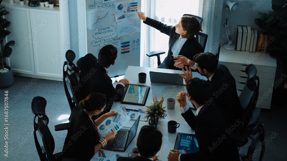 Aufkleber top view of smart manager project pointing at whiteboard with mind map and financial graph and expla