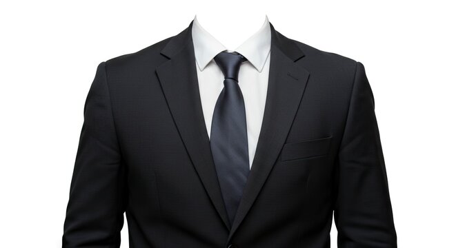 Black business suit with a white shirt and dark tie on a white background