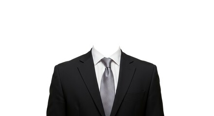 Black suit with white shirt and gray tie on white background