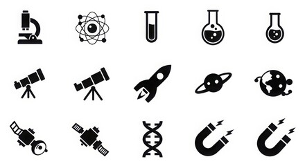 Collection of scientific and space icons featuring microscopes telescopes rockets satellites and dna models for educational or tech projects