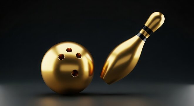 Golden bowling ball striking a golden pin creating a dynamic and luxurious sports game moment captured in high detail