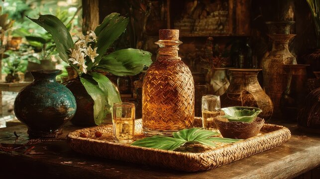 botol arak bali berbalut anyaman daun kelapa muda diletakkan di atas meja kayu