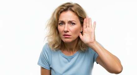 Blonde woman with hand cupped to her ear looking concerned against a white backdrop