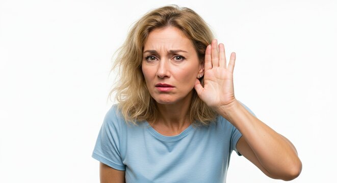 Blonde woman with hand cupped to her ear looking concerned against a white backdrop