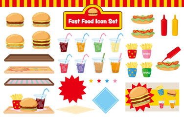 ファストフードアイコンセット｜ハンバーガー・ホットドッグ・ポテト・ドリンク・看板(Fast Food Icon Set | Burgers, Hotdogs, Fries, Drinks, Signboard)