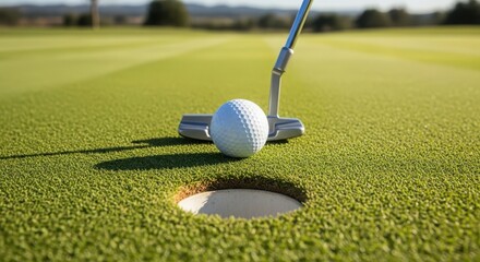 Close-up of a golf putter about to strike a white golf ball near a hole on a green putting course with soft sunlight.