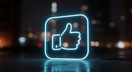 Neon Like Icon: A neon thumbs-up icon glows with electric brilliance against the dark cityscape backdrop. It's a visual representation of approval and endorsement.
