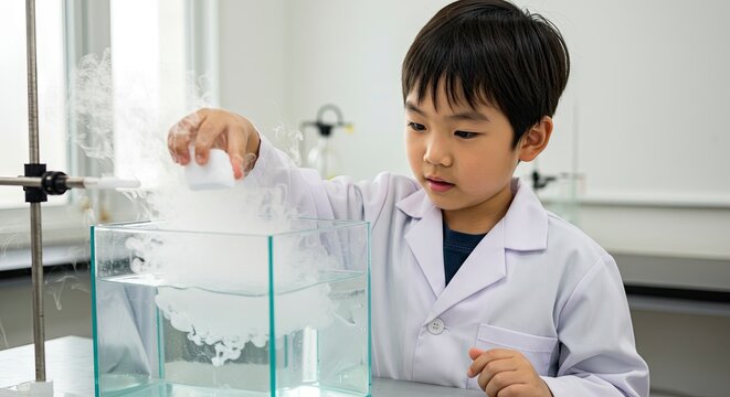 Boy in lab coat drops object into smoking water tank in laboratory setting