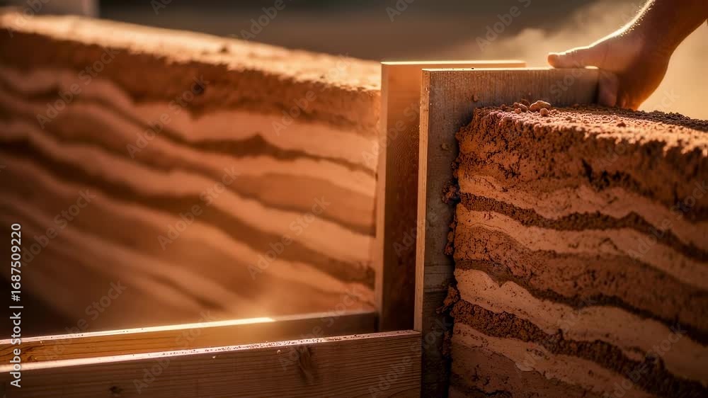 Aufkleber slowmotion shot of dust particles rising as formwork is detached from compacted earth layers highlig