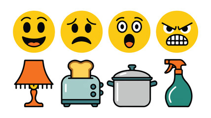Cartoon Emoticons and Kitchen Household Items Vector Illustration with Different Facial Expressions and Appliances