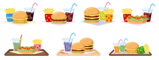 ファストフードメニューセット｜ハンバーガー・ホットドッグ・ポテト・ドリンクのレイアウトバリエーション(Fast Food Menu Set｜Layout Variations of Hamburger, Hot Dog, Fries, and Drinks)