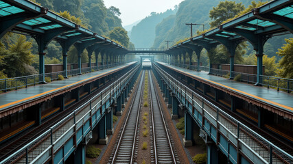 Fototapeta premium Symmetrical railway tracks through forested valley viewed from elevated bridge