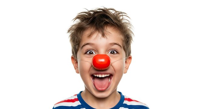 Boy with a bright red clown nose smiles widely tongue out against a white background