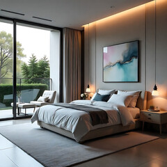 Sleek Modern Bedroom Interior – Neutral Colors, Floor-to-Ceiling Windows & Ambient Lighting