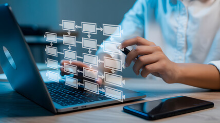 Modern professional designs dynamic workflow diagram using digital interface and laptop