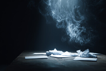 In a dimly lit room, a mysterious black desk stands out, its surface adorned with scattered sheets of white paper. A soft, ethereal glow emanates from the papers, while a thin wisp of smoke meanders d