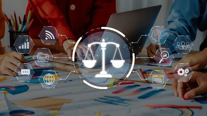 A diverse business team works together on a legal project, combining traditional paperwork with modern technology to symbolize justice and collaboration in a corporate environment. Raster