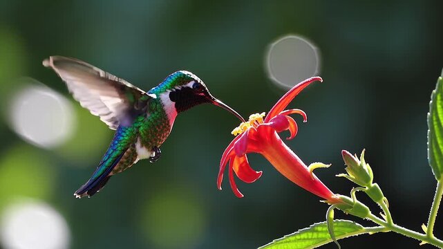 White-necked jacobin hummingbird hovering delicately, sipping nectar from vibrant red flower, green background softly blurring lush tropical environment