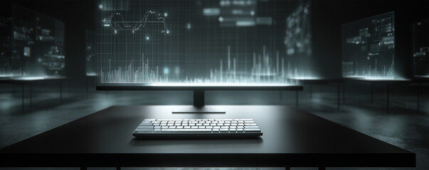 Modern workspace featuring sleek black desk and glowing white keyboard with floating translucent graphs representing data analysis and digital interaction in a minimalist environment
