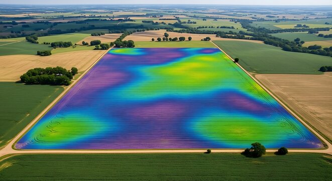 Precision Agriculture Aerial View of a Field Showing Crop Health and Data Analysis