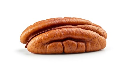 Closeup of a pecan half showing its textured surface and brown color